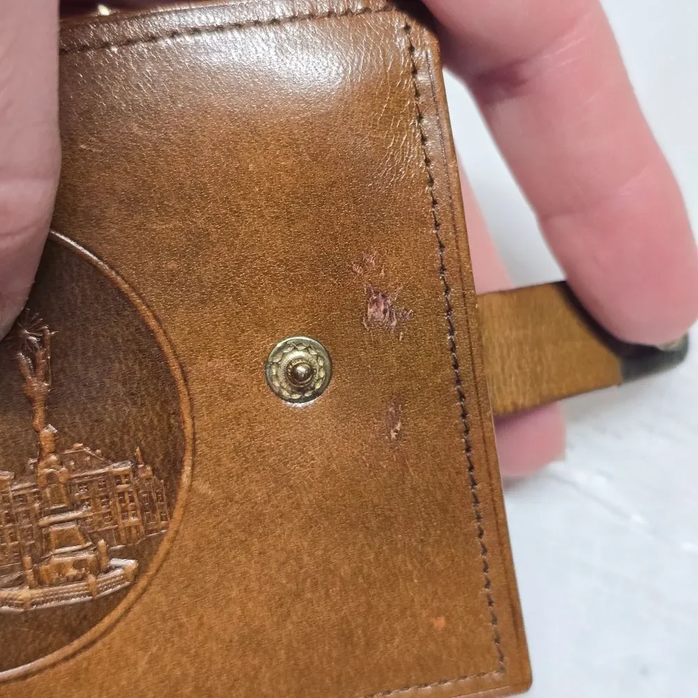 Vintage 50s Austrian Brown Leather Wallet LINZ DONAU Medallion Embossed